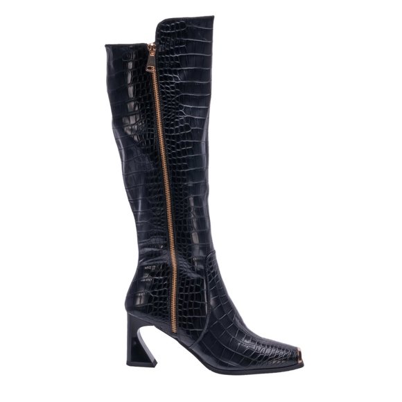 Stylish Vintage Black Fashion Leather Knee High Heel Crocodile Boot - Picture 3 of 9
